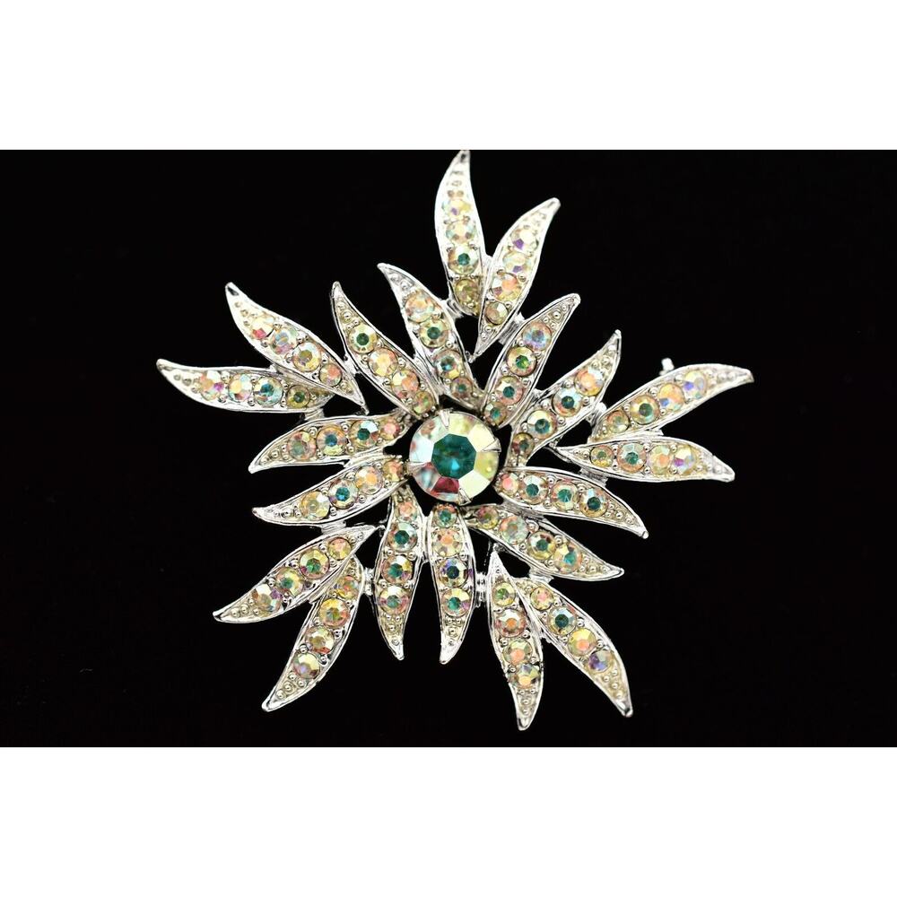 Sarah Cov Vintage Crystal Flower Brooch Pin Aurora Borealis Signed 1980s BinBG